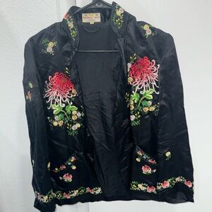 Golden Bee 70’s VTG  Womens DusterJacket Size Small Black Silk Blend Embroidered